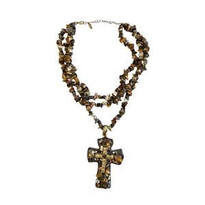 You&I Tiered Brown Tigers Eye Stone Beaded Cross Pendant Necklace